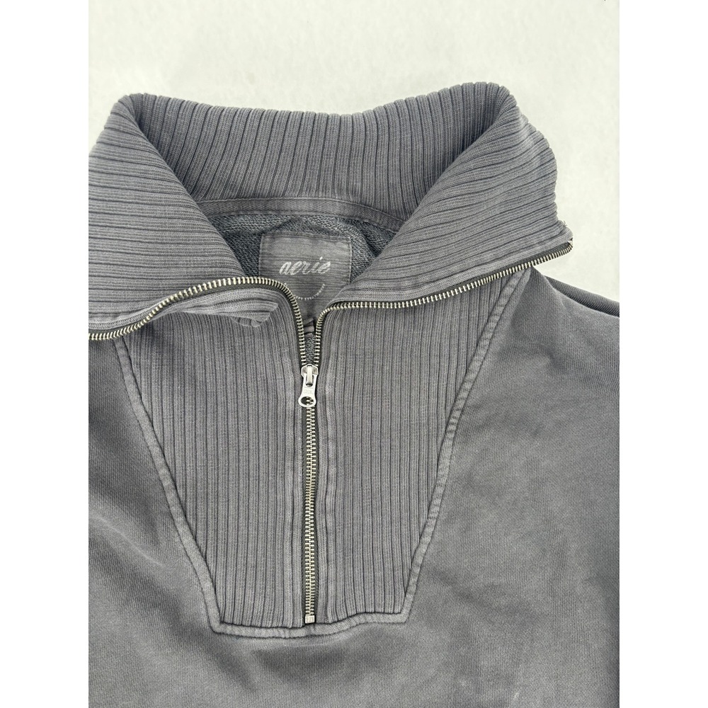 Aerie Sweatshirt Womens S Gray Quarter Zip Pullover Ribbed Trim Relaxed Fit - Picture 2 of 8